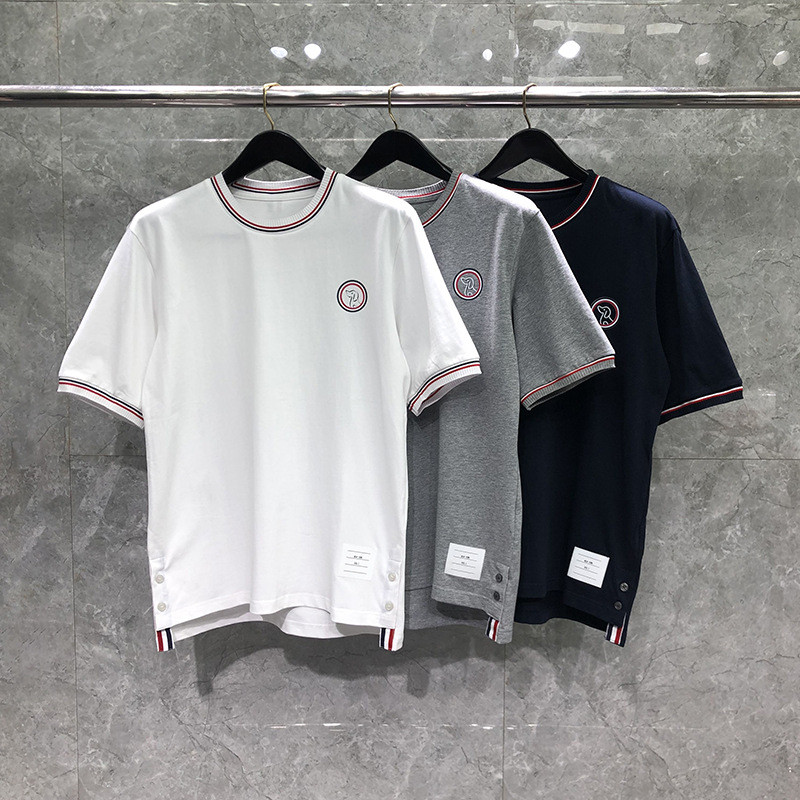 D4YT thombrowne Men's short-sleeved summer casual striped round-neck T-shirt with a trendy outdoor design featuring a sm
