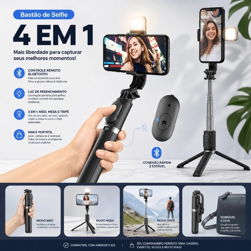 Bastão Pau de selfie Tripé Retrátil Com Luz LED Controle Bluetooth Celular Rotação de 360° para Live/Foto