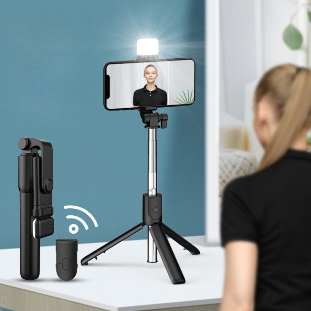 Pau de selfie Bluetooth Retrátil Com Luz Selfie Tripé Bastão Selfie Sem Fio Bluetooth Rotação 360°