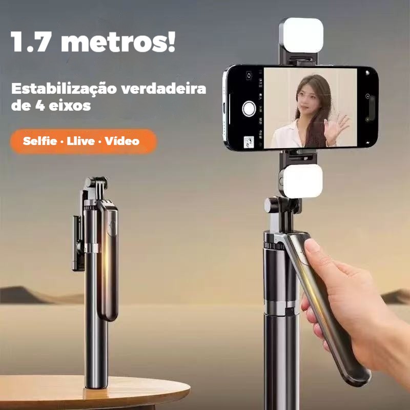 Selfie Stick Tripé 1.7M, 4 Eixos 360° Rotação Anti-tremor com Luz LED para Celular Vlog e Streaming