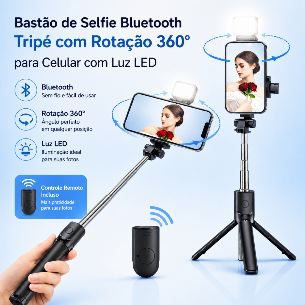 Bastão de Selfie Bluetooth Tripé com Rotação 360° para Celular Com Luz Led.