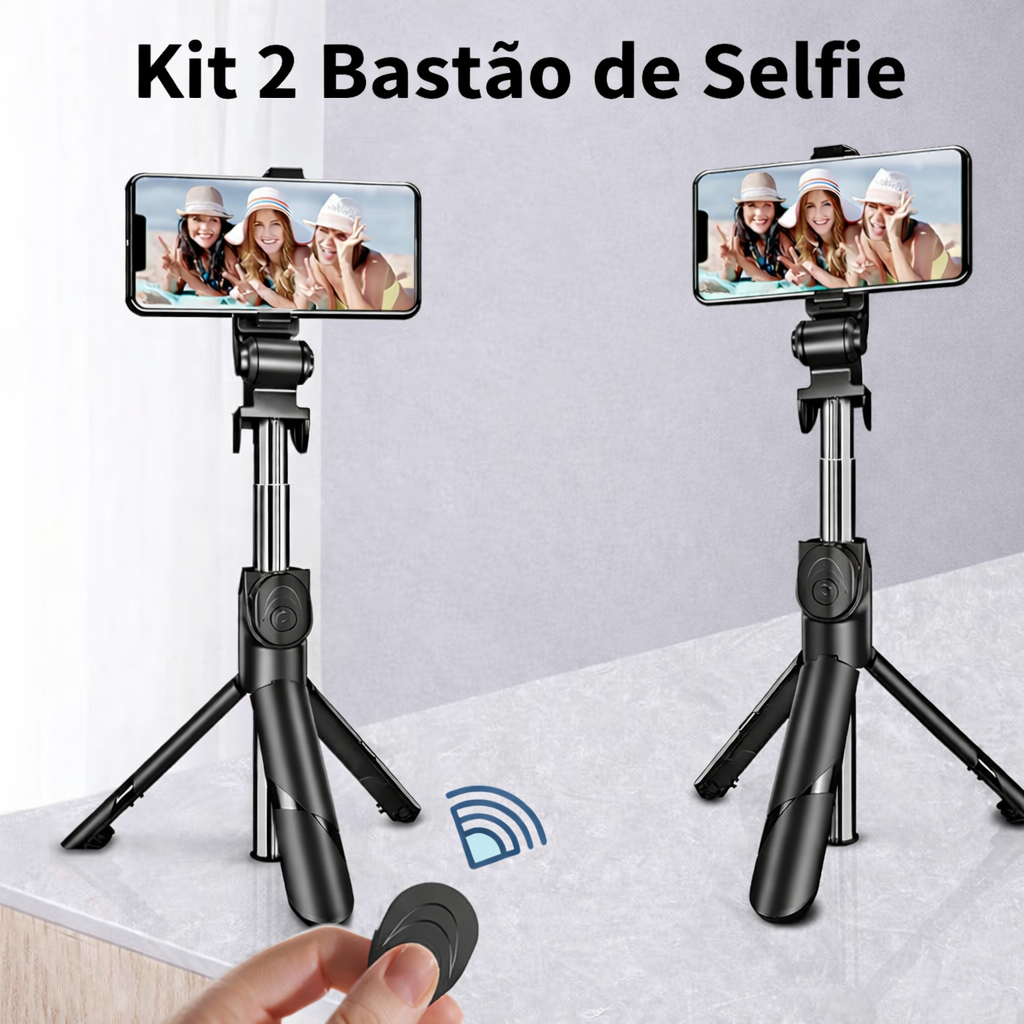 Kit 2 Bastão de Selfie Bluetooth Tripé com Rotação 360° para Celular Com Luz Led.