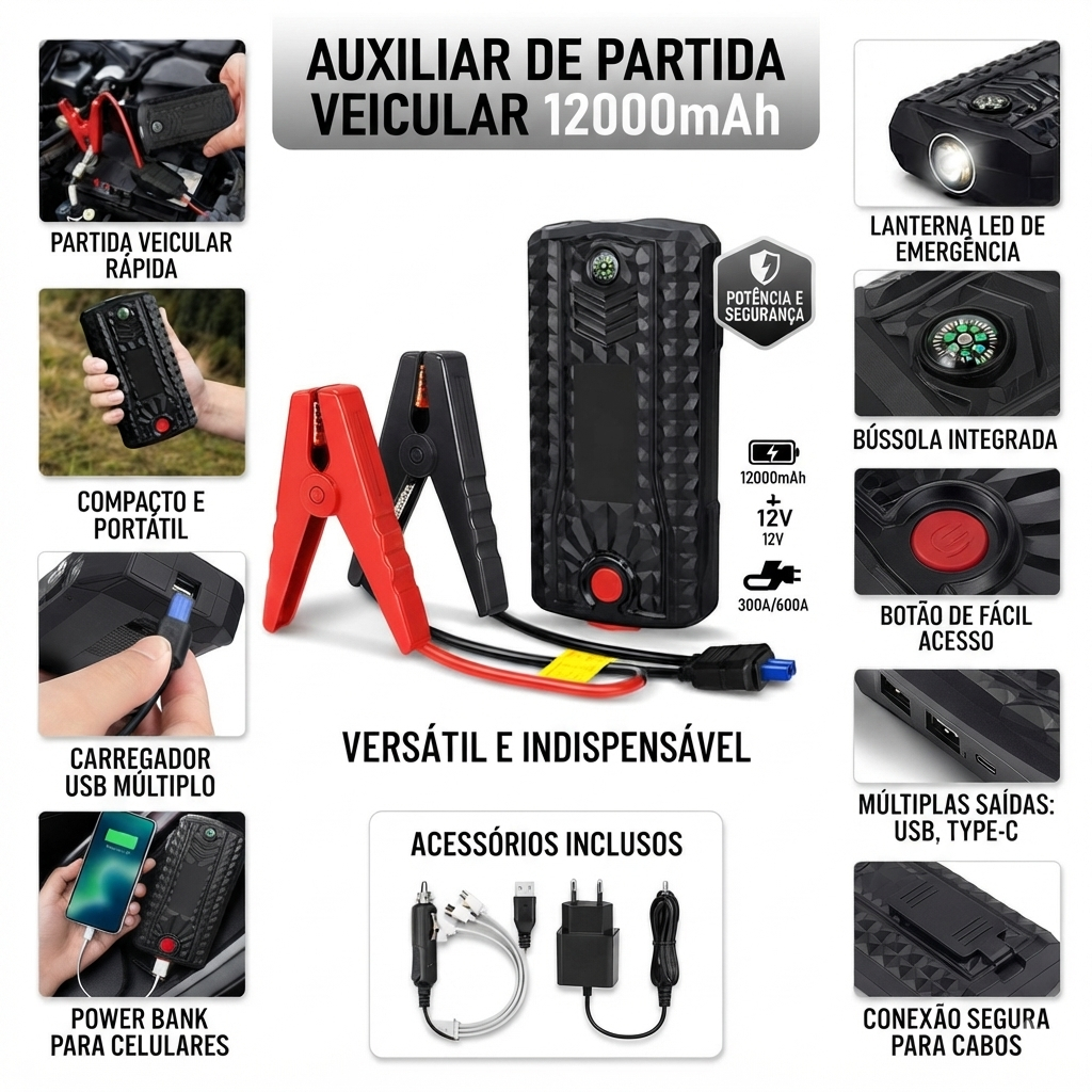 Auxiliar de Partida Veicular 12000mAh Power Bank Lanterna - Portátil e Seguro LUATEK