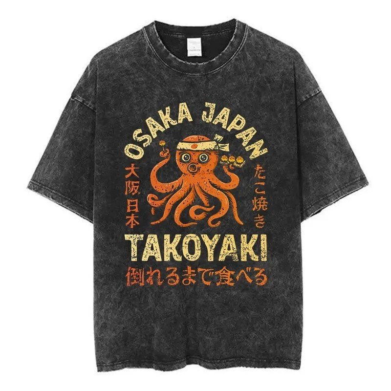 Vintage Washed Osaka Dotonbori Drunken Octopus Takoyaki Funny T Shirts Men Women Retro Japanese Style Oversized Cotton T
