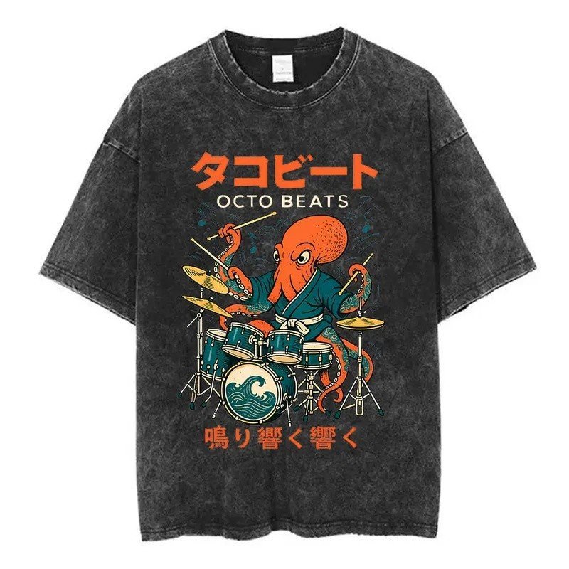 Japanese Octo Beats Osaka Dotonbori Drunken Octopus Funny T Shirts Men Women Vintage Washed Oversized Cotton T-Shirts St