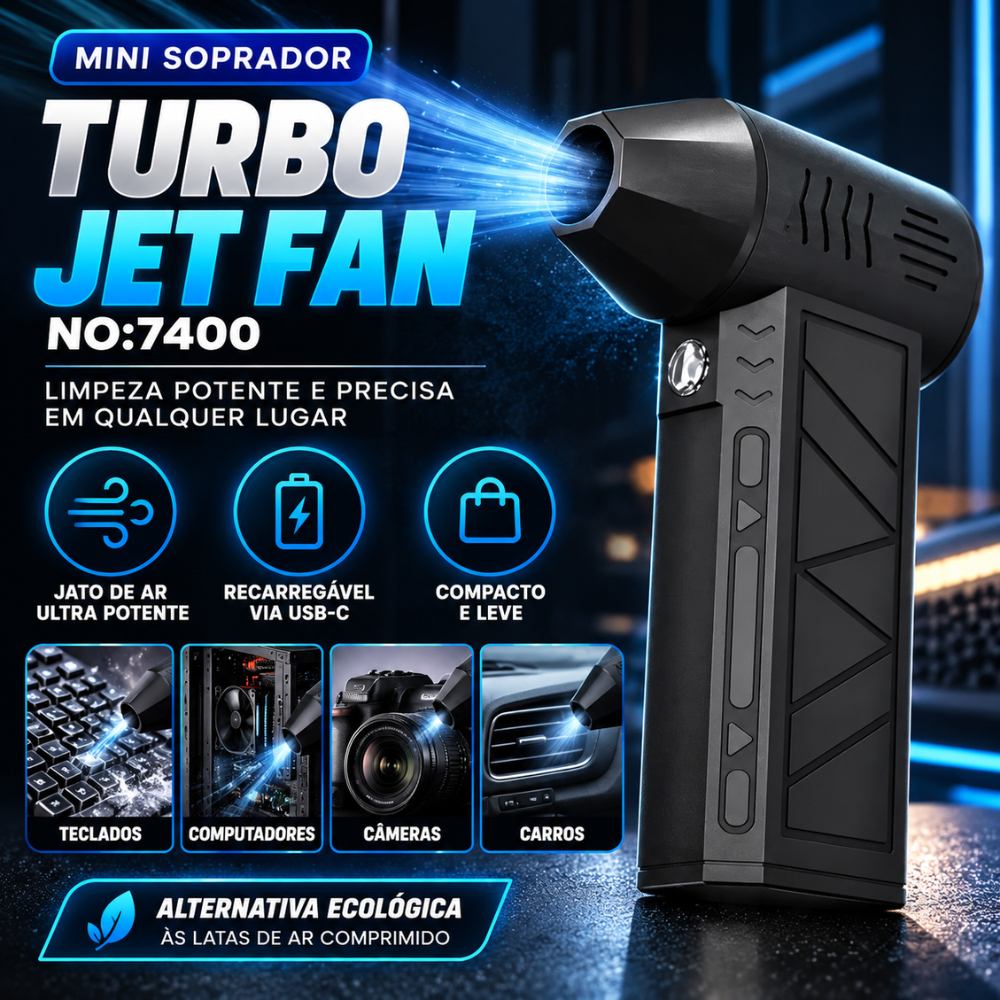 Mini Soprador de Ar Turbo Jet Fan Brushless Recarregável USB-C para Limpeza PC Teclado Eletrônicos
