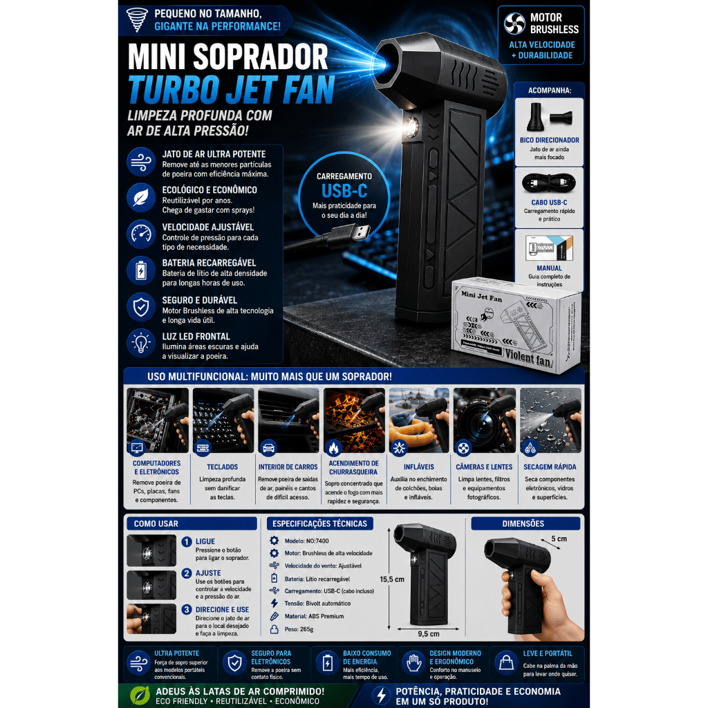 Mini Soprador de Ar Turbo Jet Fan NO:7400 USB-C Brushless para Limpeza PC Teclado