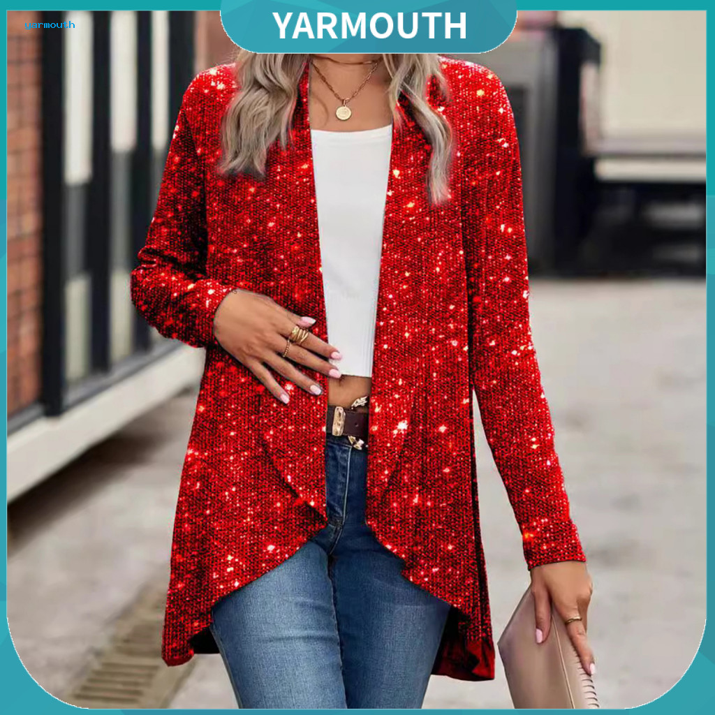 Spring Jacket Solid Color Women Coat Lady Sequin Open Stitch Cardigan Irregular Hem Long Sleeve Formal Business Office W