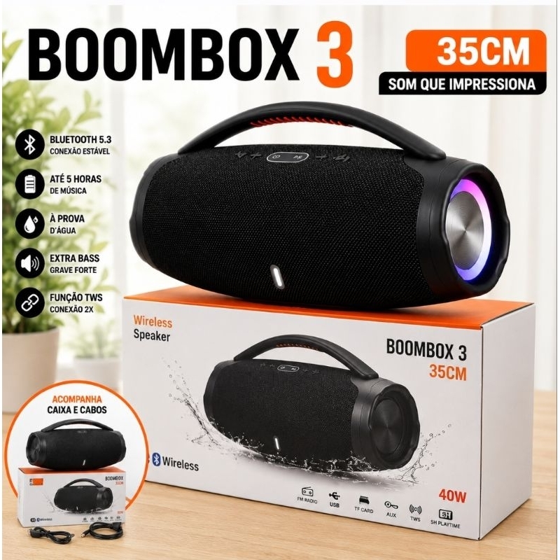 Caixa De Som Boombox 3 Bluetooth 33CM 120W À Prova D'Água Rádio FM Pen Drive USB Cartão SD AUX Extra Bass
