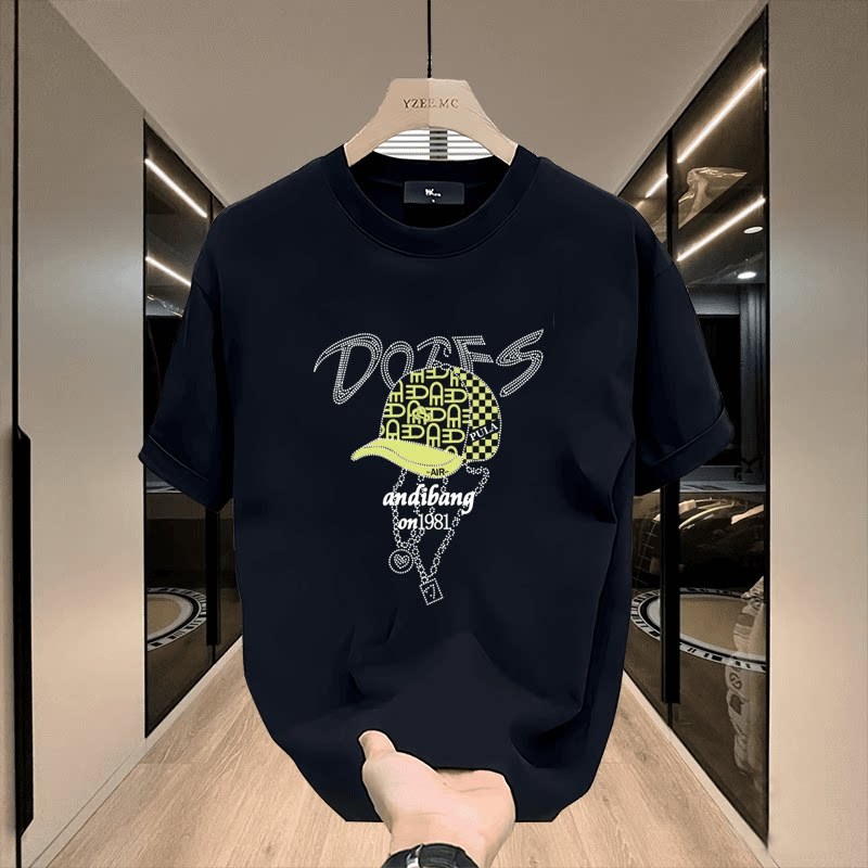Camiseta Oversized Azul-Marinho Boné Baseball Patchwork Strass DOZFS Andibang Colar Pingente Y2K Streetwear Unissex