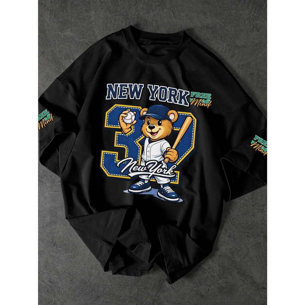 Camiseta Masculina Streetwear Algodão Penteado Infantil Adulto Plus Size Estampa Baseball New York Azul Urso 32 Swag