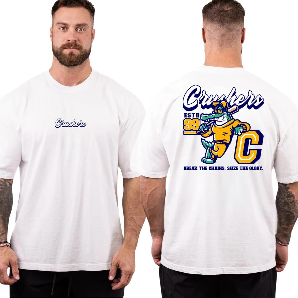 Camiseta Oversized Branca Confortável 100% Algodão Modelo Crocodilo Baseball Crushers