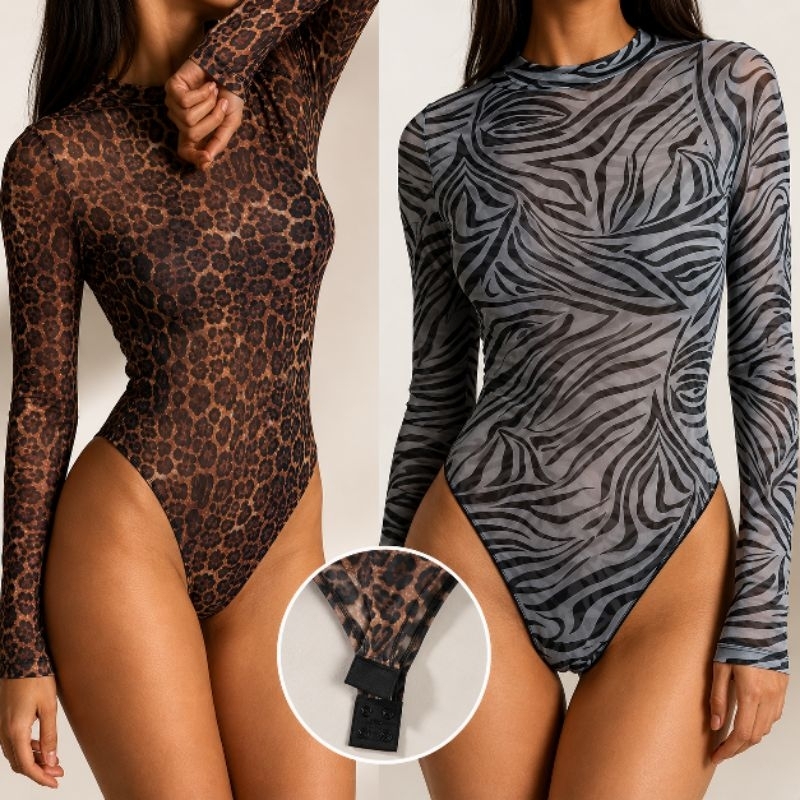 Body Segunda Pele Tule Transparente Animal Print Onça e Zebra Manga Longa Tam. Único P ao G