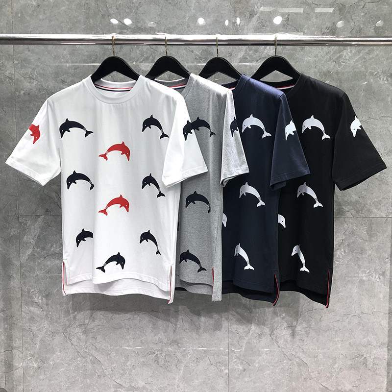 SGMD thombrowne Men's short-sleeved, pure cotton t-shirt with a full-body dolphin print, featuring a loose, casual fit a