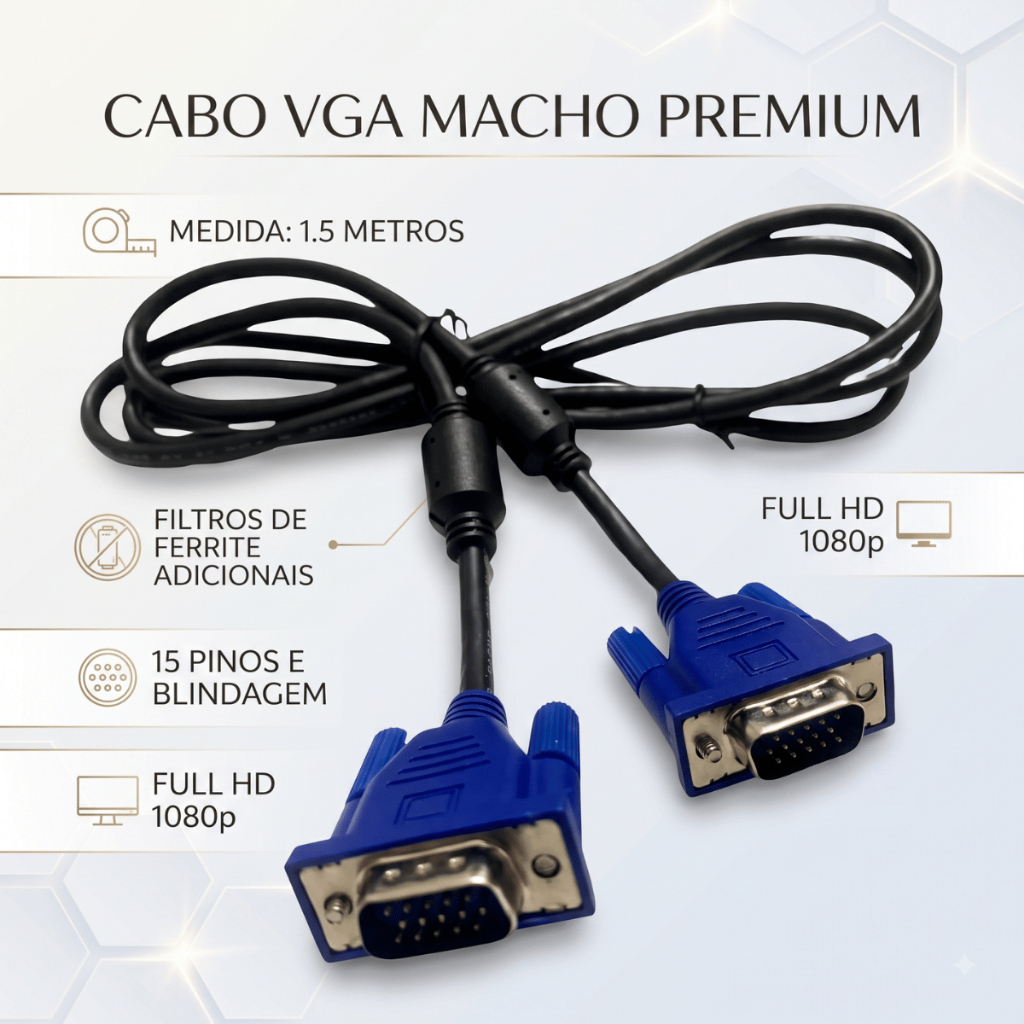 Cabo VGA Macho Com Filtro Para Monitor LCD PC Câmera 1,5 Metro 15 pinos Blindado Full HD 1080p