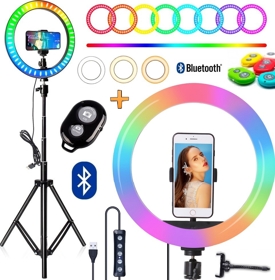Iluminador Ring Light Colorido Rgb + Branco Frio Quente Tripé Profissional Celular Universal Controle Bluetooth Youtuber