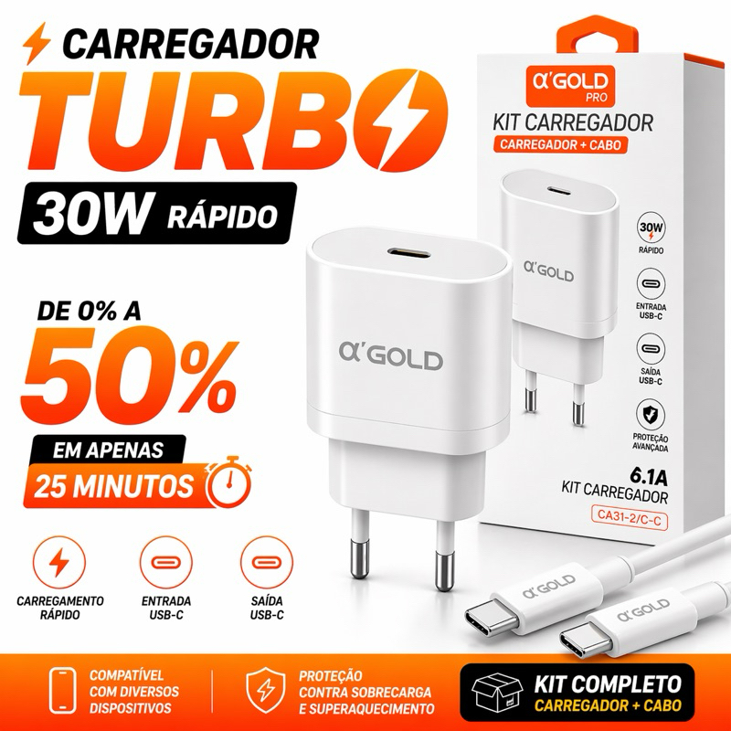 Carregador Turbo 30W 50% em 25min + Cabo USB-C Rápido