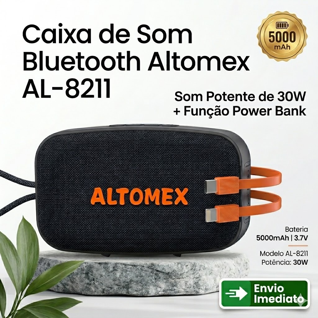Caixa de Som Bluetooth Altomex AL-8211 30W Potente Power Bank USB-C V5.3 TWS Sem Fio Bass Bateria Longa