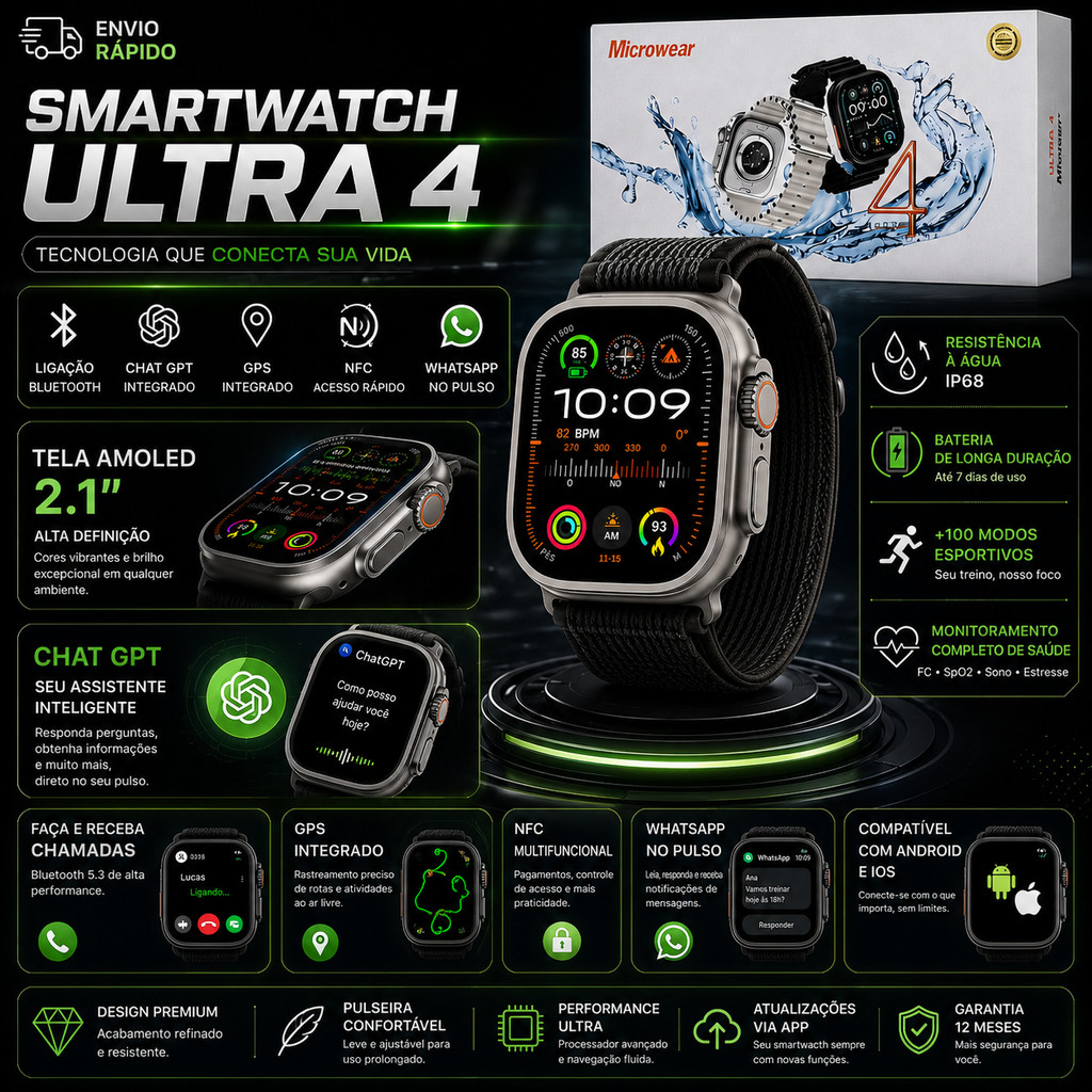 Relógio Smartwatch Microwear Ultra 4 Bluetooth Chamada NFC Tela 2.2 Android iPhone Série Ultra