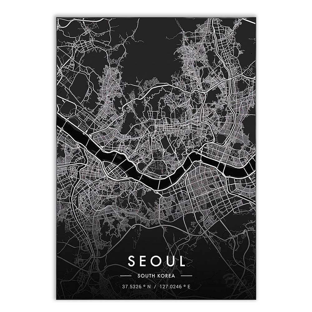 Placa Quadro Decorativo Seoul Coreia Do Sul Asia Mapa Black Decoração Poster Viagem