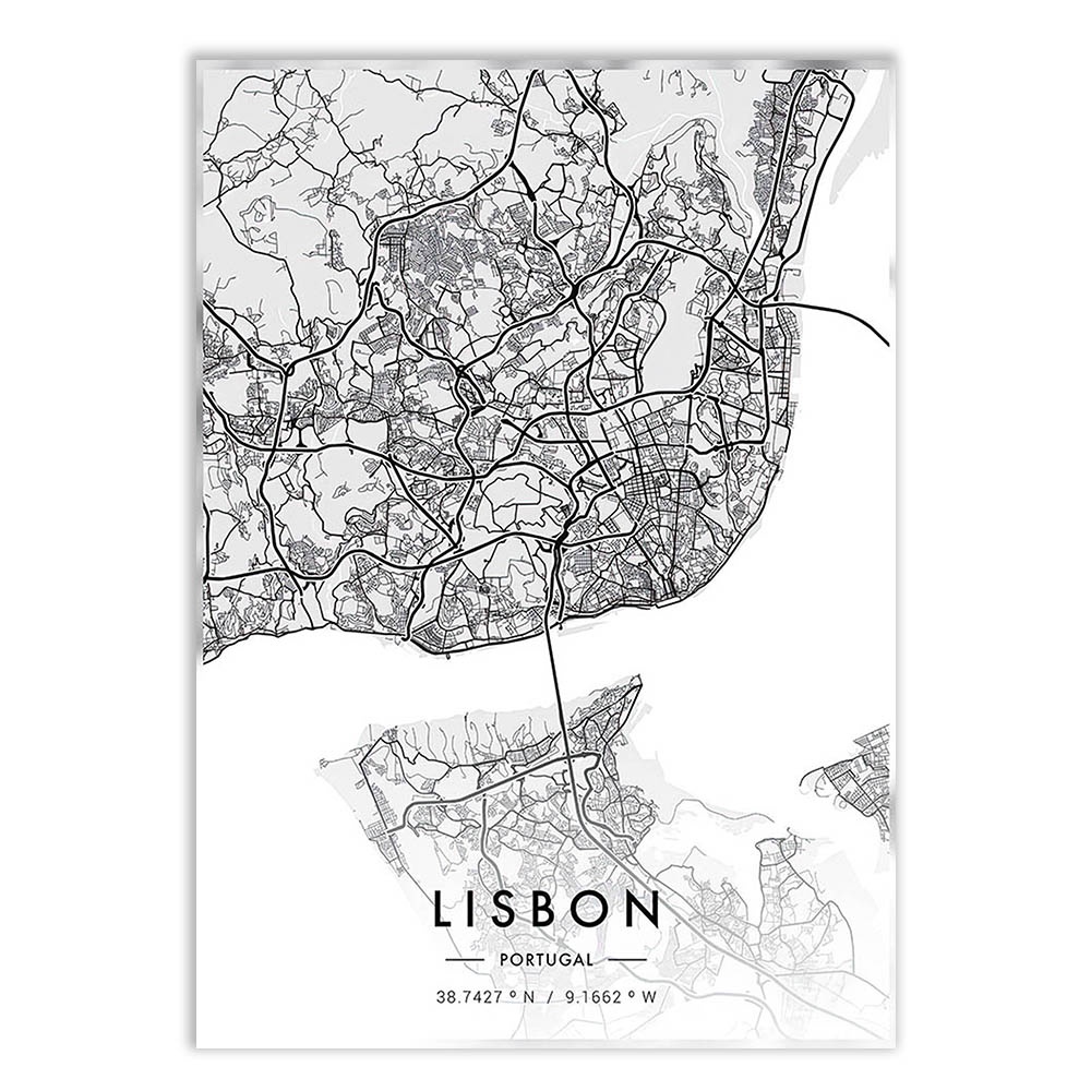 Placa Quadro Decorativo  Lisboa Portugal Mapa da Cidade Preto Branco Viagem Decoração Poster
