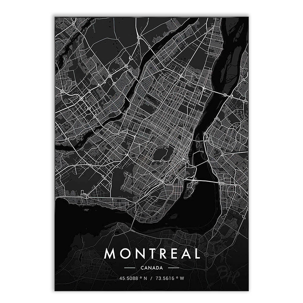 Placa Decorativa A4 Mapa Montreal Canada Viagem Black Poster