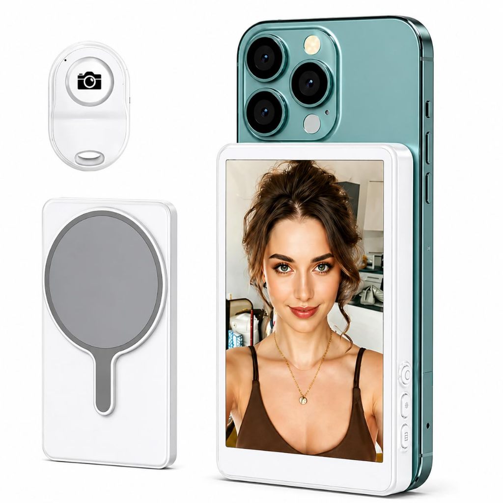 Tela Selfie Magnética para Celular com Controle Bluetooth | Monitor para Selfies e Vídeos com Câmera Traseira.