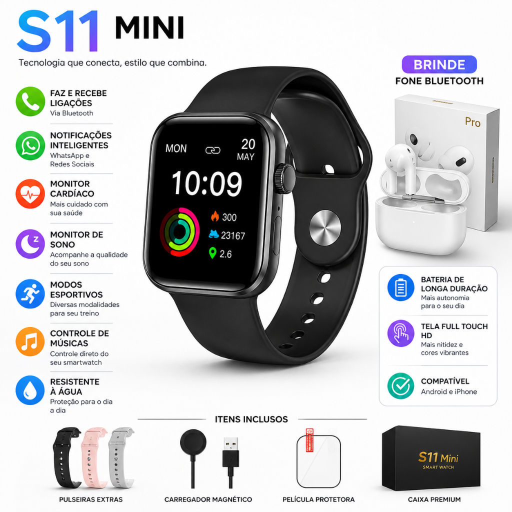 Smartwatch S11 Mini 41mm Preto IP68 Monitor Saúde Esporte GPS + Fone Bluetooth