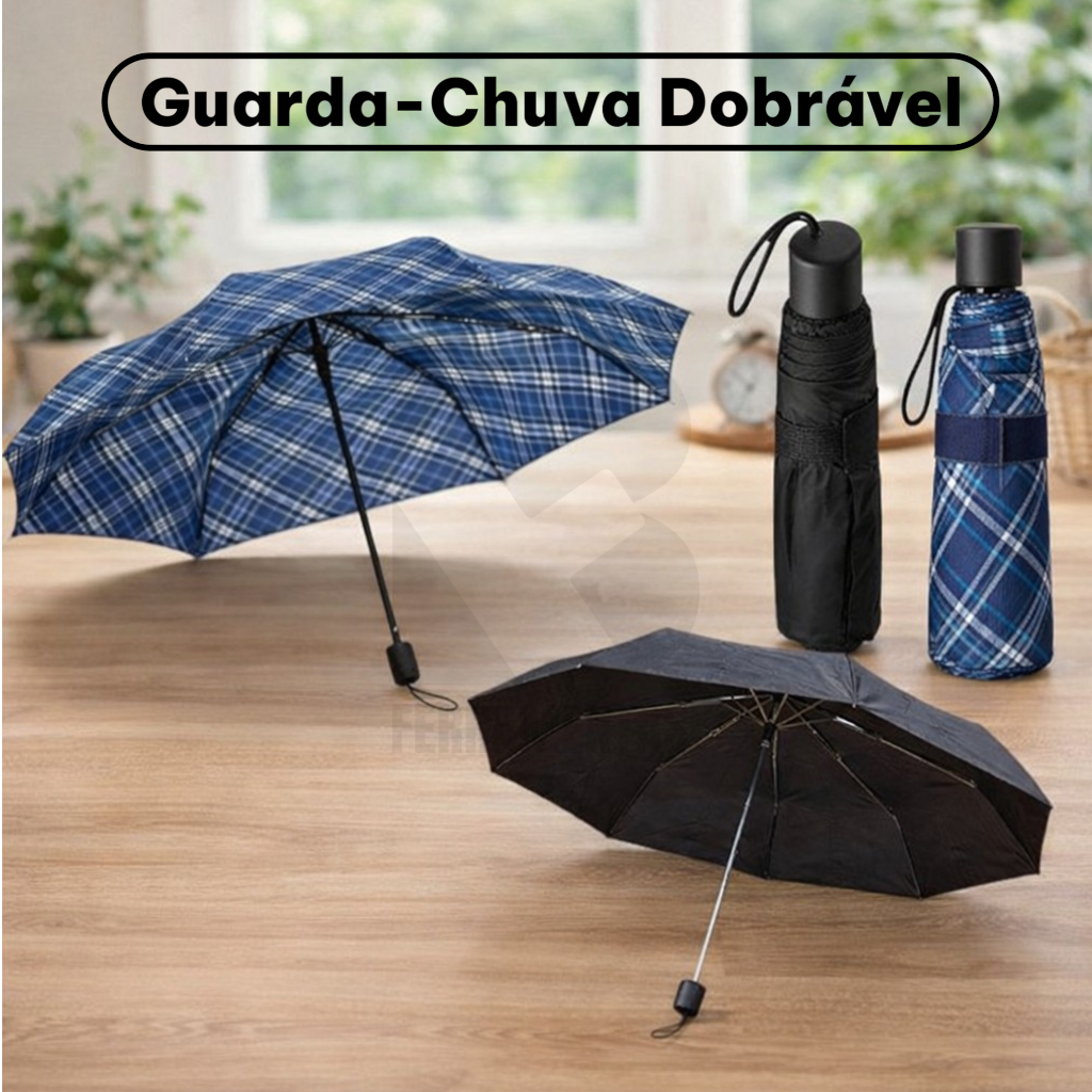 Guarda Chuva Dobrável Poliéster com Alça de Mão Abertura Rápida Ideal para Bolsa e Mochila Resistente