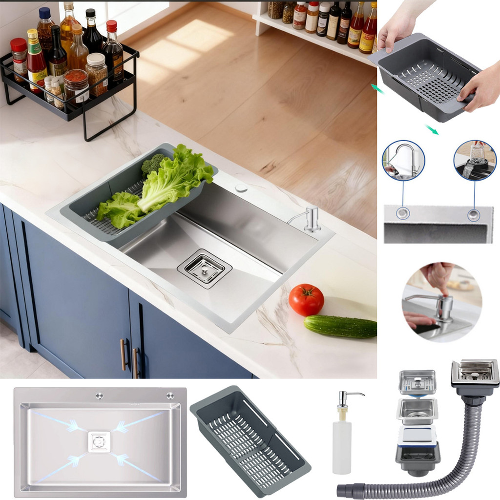 Cuba Pia Cozinha Gourmet Multifuncional Quadrado Qualidade Escovado Inox 304 60x40 Cesto Telescópico