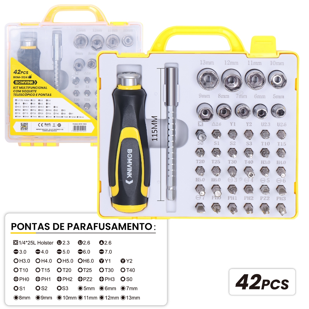 42 em 1 Chave de Fenda Multifuncional: Soquete Telescópico, Conjunto de Pontas Profissionais