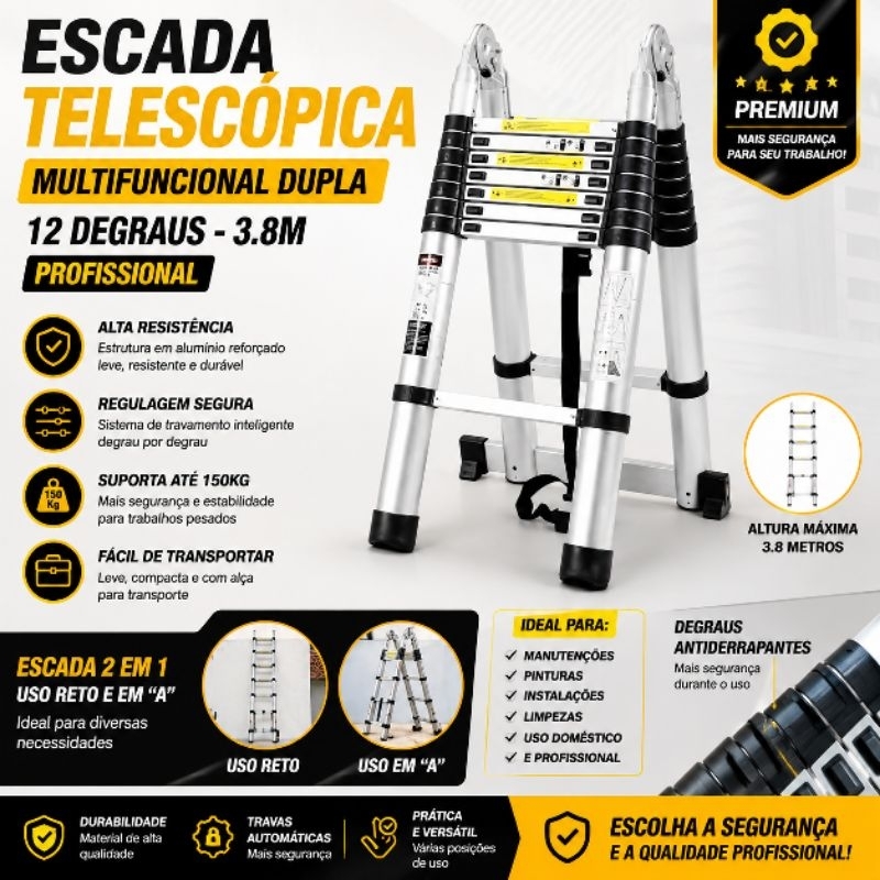 Escada Telescópica Multifuncional Dupla 12 Degraus 3.8M profissional