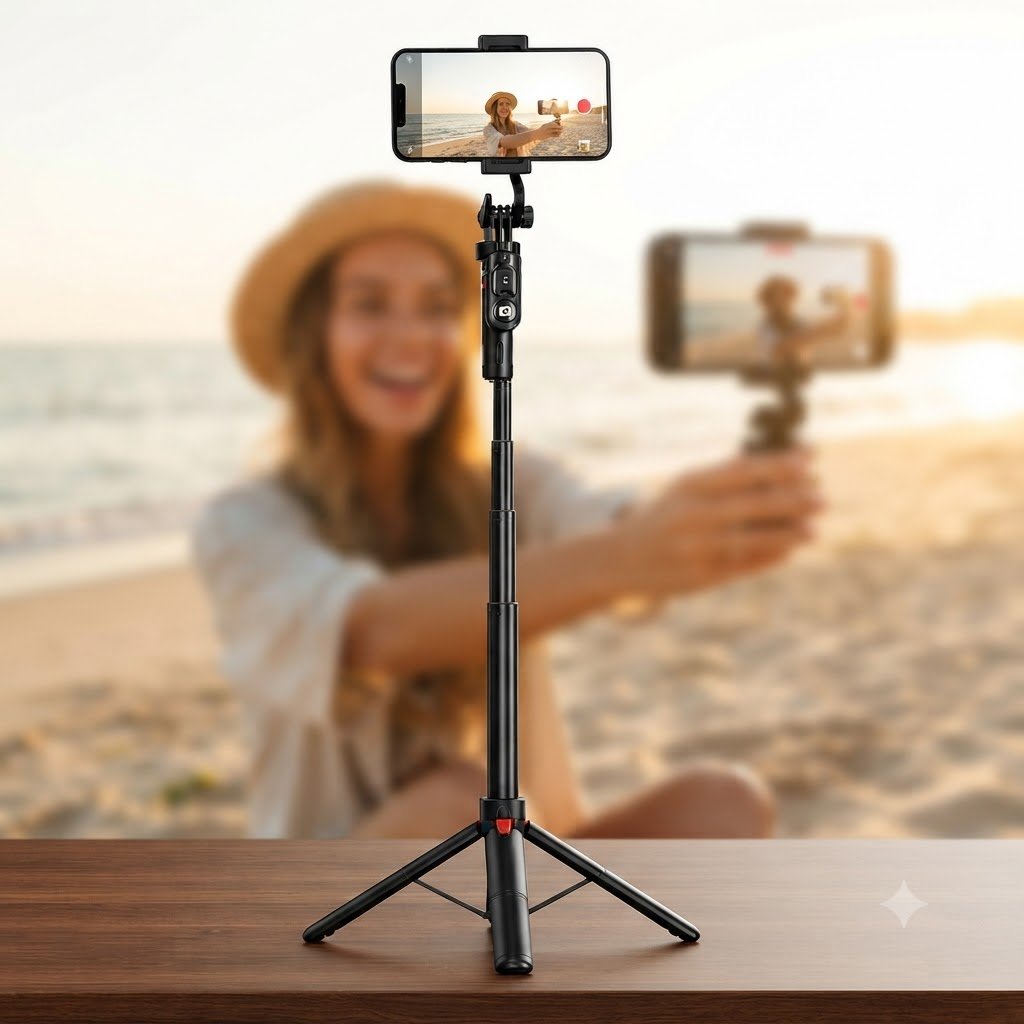 Tripé Bastão Selfie 1,77m Bluetooth Controle Remoto Abertura Automática 360° iPhone Android