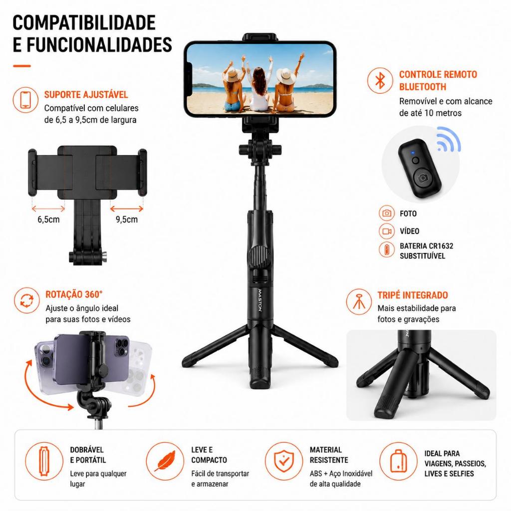 Bastão Selfie Bluetooth Retrátil 106cm Controle Remoto Tripé Portátil Ajustável Para Celular Android iPhone top