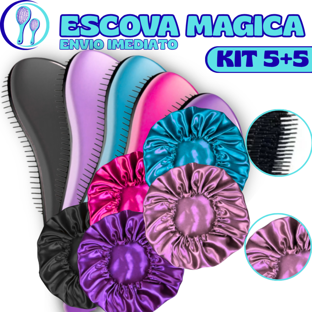 Kit 10 - Kit 5 Touca De Cetim + Kit 5 Escovas Mágicas pra cabelo - Anti Frizz - De Desembaraçar Cabelo