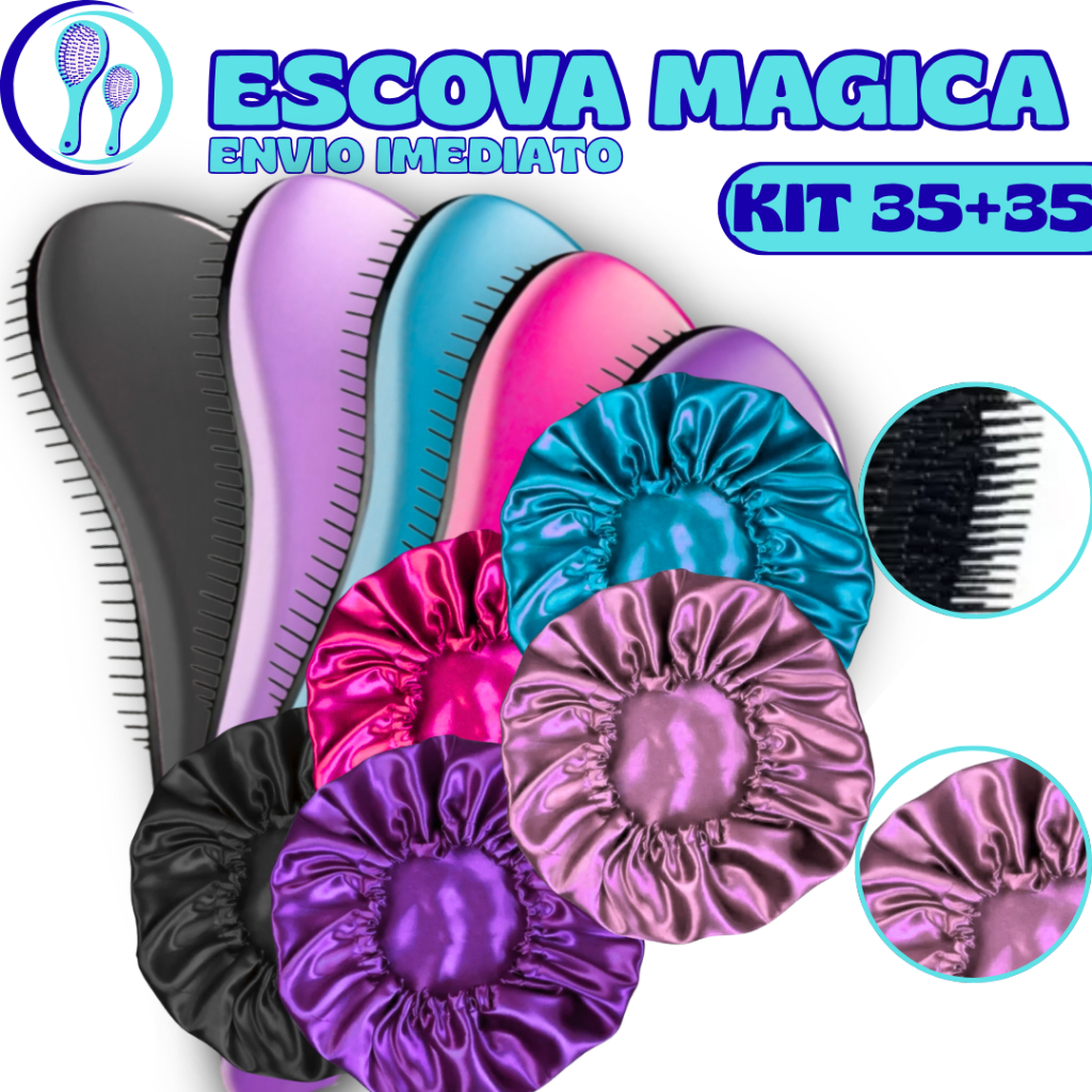 Kit 70 - Kit 35 Touca De Cetim + Kit 35 Escovas Mágicas pra cabelo - Anti Frizz - De Desembaraçar Cabelo