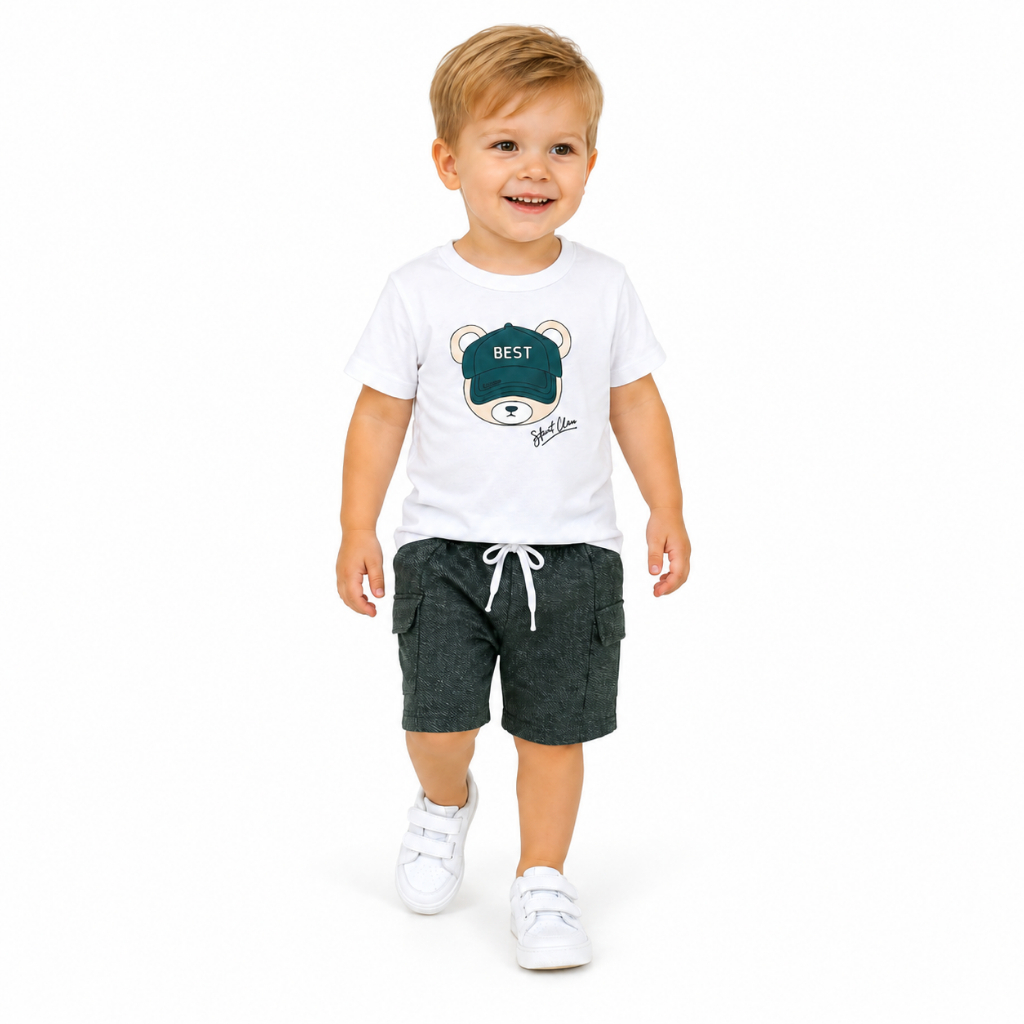Conjunto Infantil Masculino Estampa Urso E Shorts Com Bolso Design Moderno E Cheio De Charme Tam 1 a 3 anos