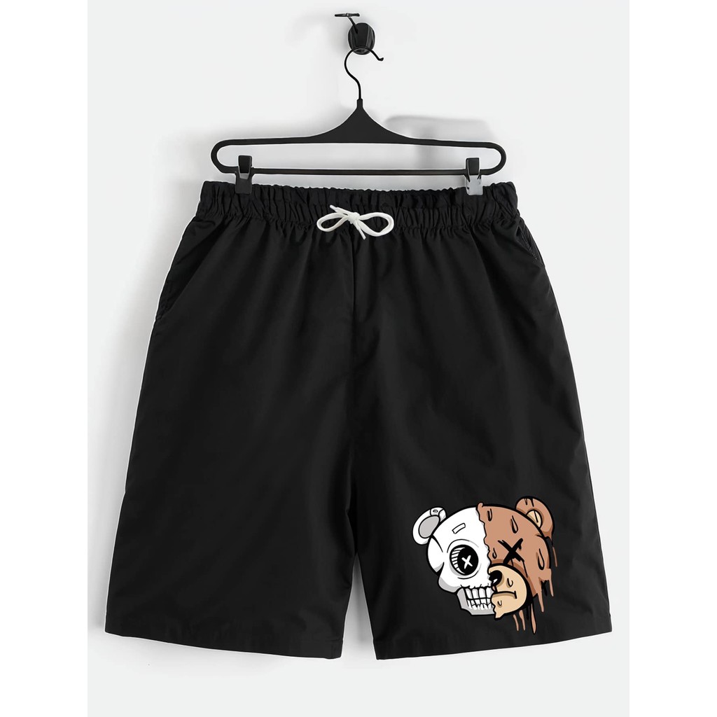 Shorts Juvenil para Menino Bermuda Preta Cinza com Design Estiloso Urso Happiness