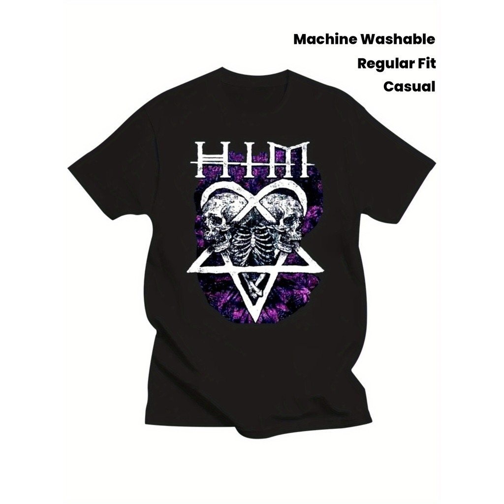 Music.Soul Camiseta Unissex HIM Skull Heart Purple Lettering Gothic Rock Confortável Estilosa Emocional