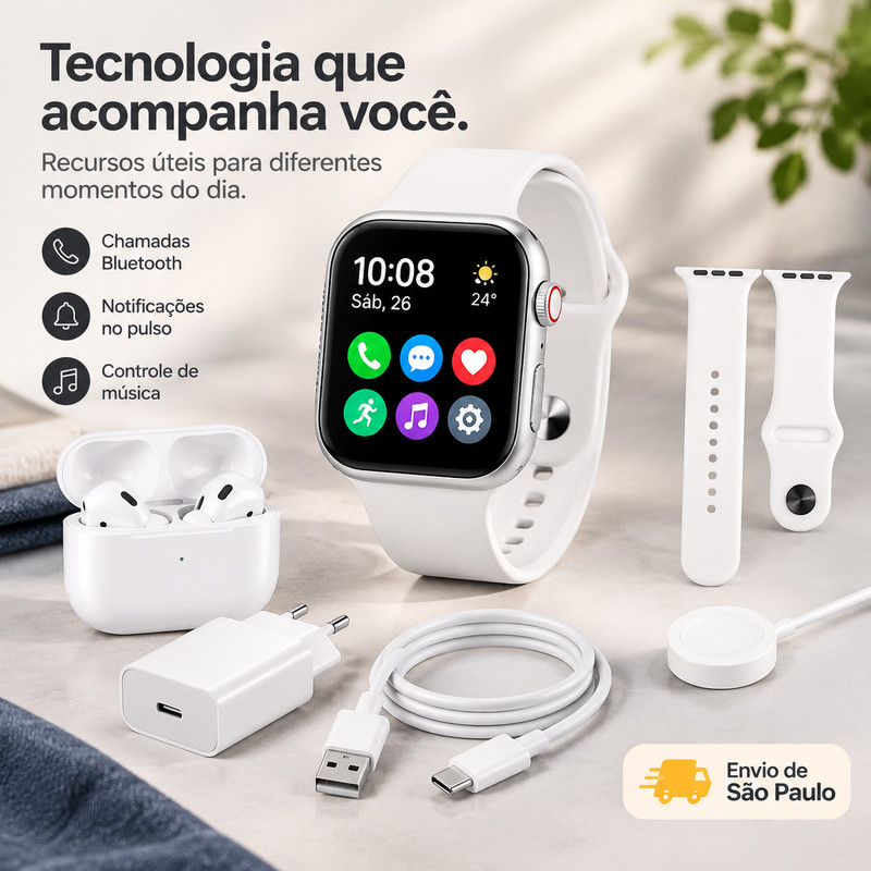 [OneEscolha] Opção: conjunto de smartwatch e fones de ouvido, compatível com os sistemas iOS e Android, design casual, c