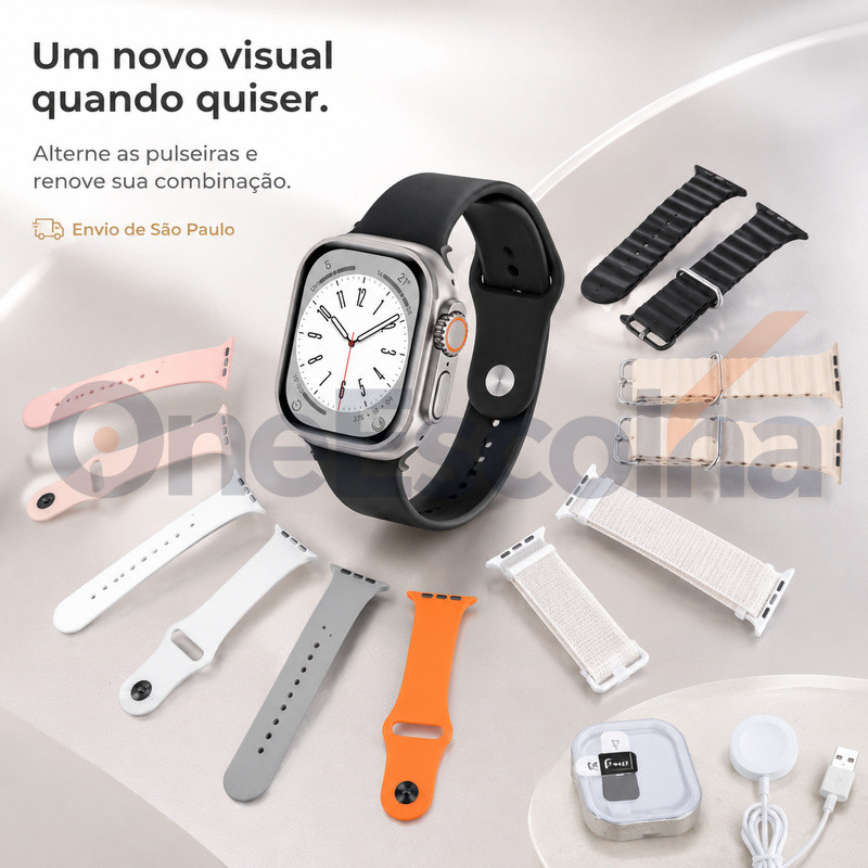 [OneEscolha] Relógio Inteligente: escolha [7 Pulseiras+] ou kit com Fones, iOS & Android, Para Trabalho e Lazer