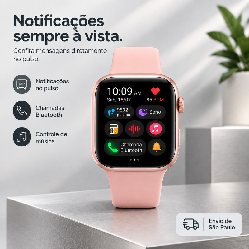 [OneEscolha] Smartwatch W9 Série Rosa para o Público Feminino, Tela Tátil HD, Controle de Música, iOS & Android