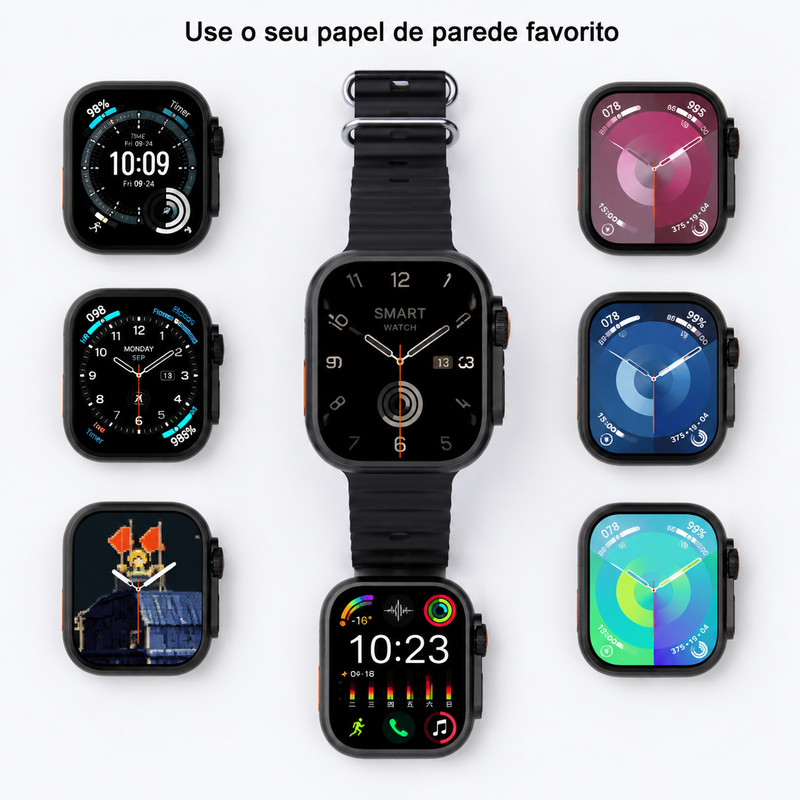 [OneEscolha] Opções: smartwatch com fones de ouvido, compatível com sistemas iOS e Android, multifuncional, com suporte