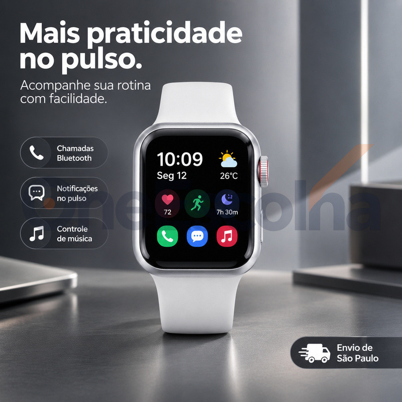 Envio de São Paulo Smartwatch MINI 38mm Multifuncional, Controle de Música, iOS & Android, Kit com 2 Pulseiras