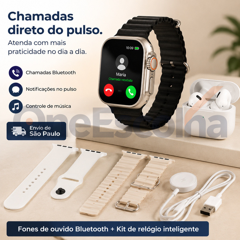 [OneEscolha] Kit opcional: Relógio Inteligente + Fones de Ouvido, Multifuncional, iOS & Android, Estilo Casual