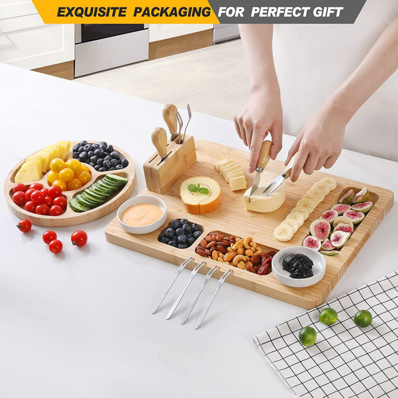 Large Cheese and Cold Cuts Board Kit with Circular Bamboo Snack Tray Magnetic Support 40cm x 29.5cm Boards for