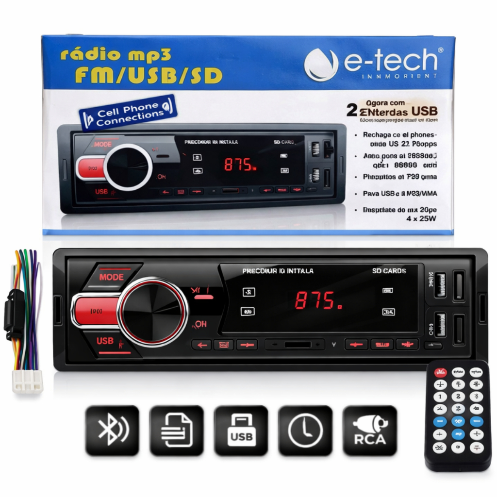 Som Automotivo MP3 E-Tech Imports Light Bluetooth USB SD RCA FM