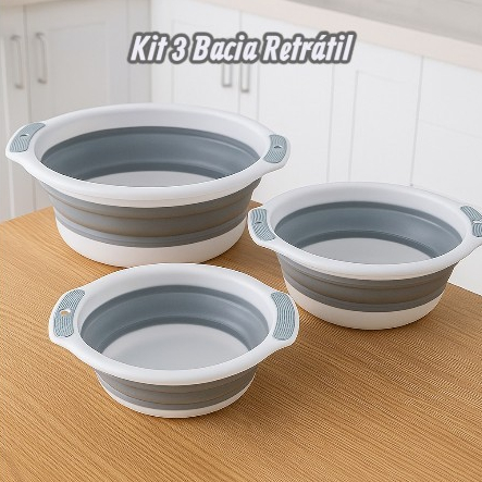Kit 3 Bacia Balde Dobravel 13L 7L e 3L de Silicone Plástico e TPR  com Alças Laterais Economiza Espaço