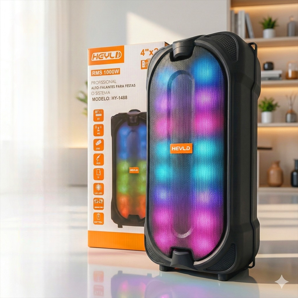Caixa de Som Bluetooth 1000W Portátil Potente LED RGB TWS FM + Microfone para Festa Viagem Praia