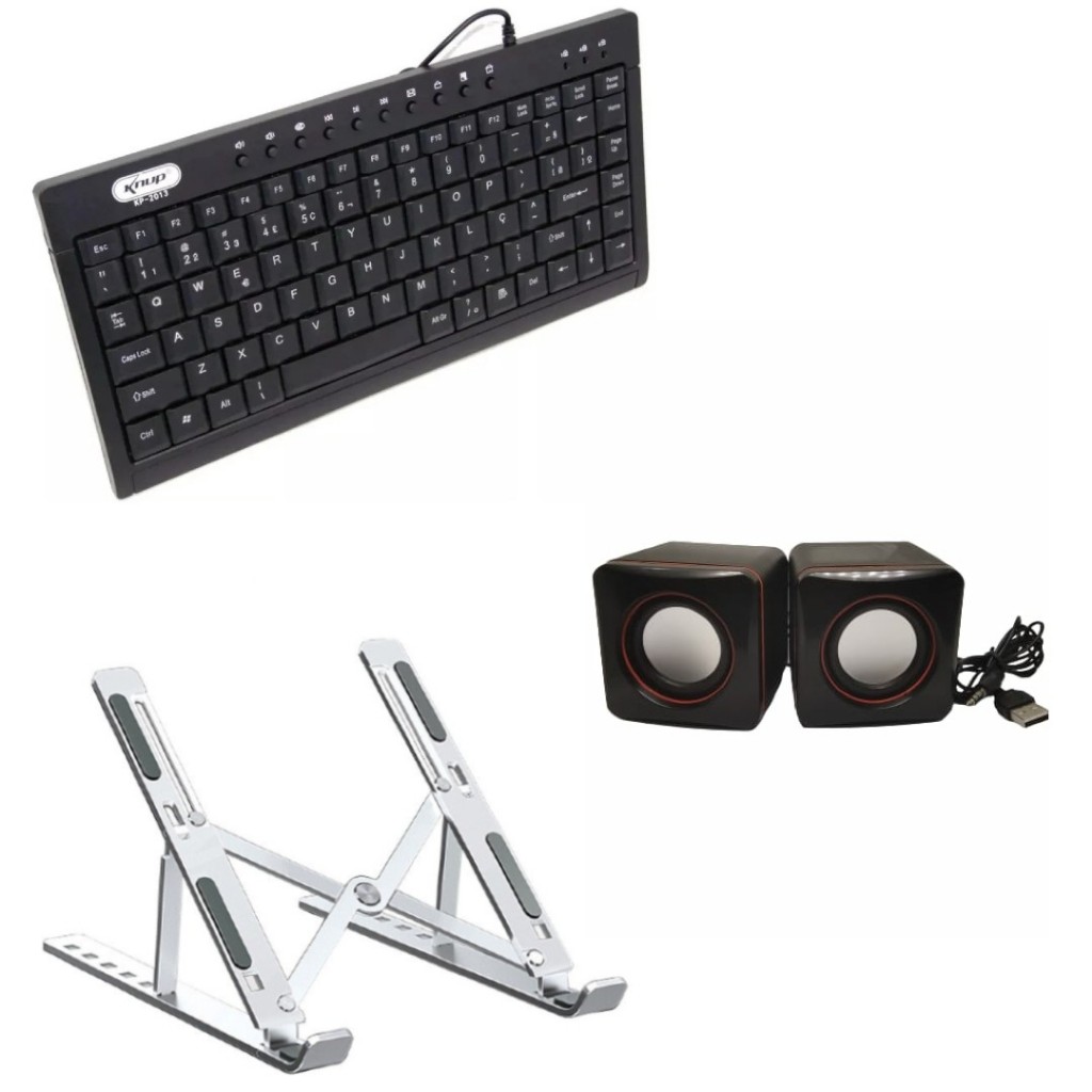 Super Kit Para Notebook Teclado Compacto Knup + Mini Auto Falante + Suporte Alumínio Portátil
